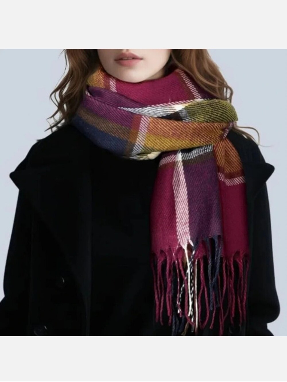 Plaid Fringe Winter Scarf in Burgundy and Multicolor